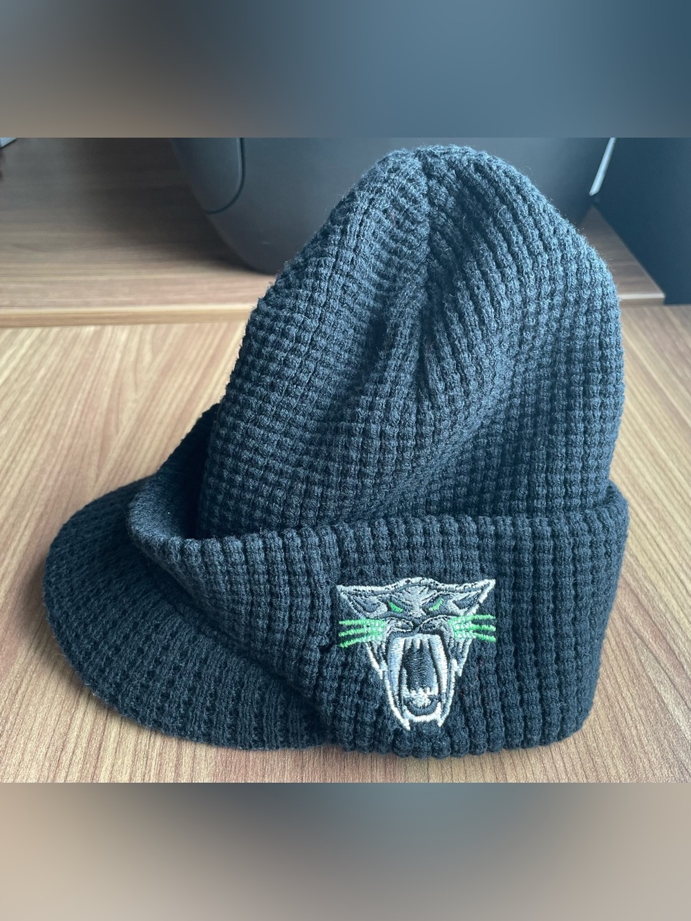 Arctic Cat Y2K Knit Visor Beanie Hat Black Brimmed Snowmobile Cap Vintage